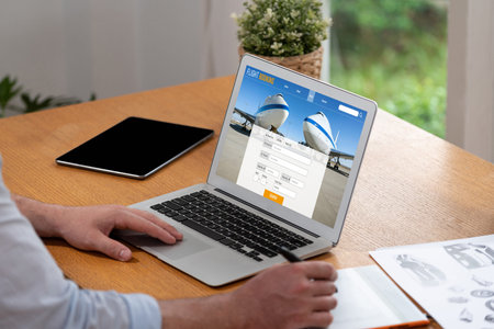 Online flight booking website provide brisk reservation system . Travel technology concept .