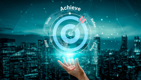 A hand reaches towards a digital target over a modern city skyline, illustrating the pursuit of success in business strategies and growth initiatives. Gantry
