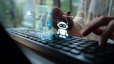 Engaging with AI Chatbot on a Keyboard with Overlaid Digital Interface Depicting Technology and Communication in a Modern Setting Fluxor.