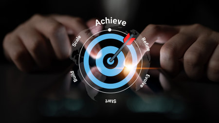 Visual representation of business strategy featuring a target with arrows, emphasizing concepts like achieve, scale, and refine. Perfect for success-oriented projects. Gantry
