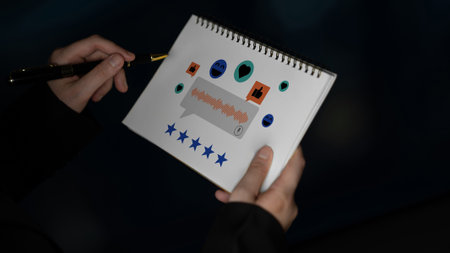 Hands engage with a sketchbook filled with colorful icons, representing creativity and inspiration in art and design. Ideal for creative industry visuals. Ledger