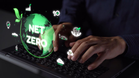 Net zero and sustainability concepts with environmental balance, digital sustainability icons, green energy goals, and eco-conscious digital business transformation for the future. Muxer