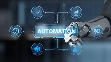 A futuristic robotic hand represents the rise of automation in business, highlighting technology and efficiency through various digital icons. Salient