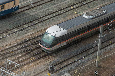 NAGANO,JAPAN - APRIL 10,2016 : Top view of Limited express train "Wide view Shinano" at Nagano station. This train use 383 Series electric train services in Osaka-Nagoya-Nagano route.のeditorial素材