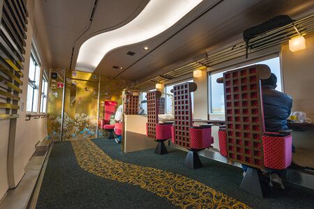 ISHIKAWA,JAPAN-APRIL 8,2016:Interior of the Hanayome Noren train. The 2nd car adopt designs often...