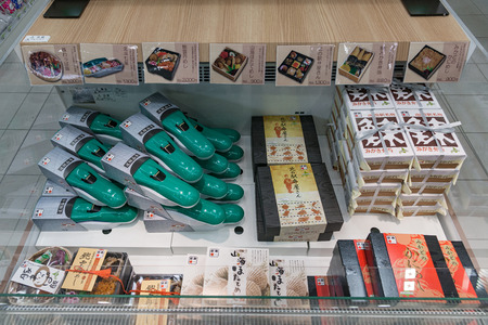 HOKKAIDO , JAPAN - APRIL 19,2016 : Ekiben (railway boxed meals) in convenience store at Shin-Hakodate-Hokuto station. Ekiben in H5 Series Shinkansen shape box is very popular.のeditorial素材