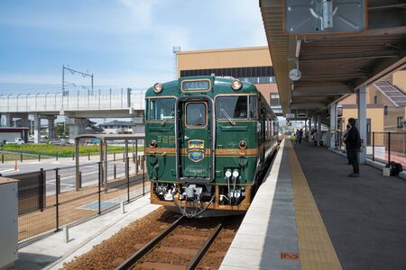 TOYAMA,JAPAN-APRIL 9,2016 : The sightseeing train "Belles montagnes et mer". Passenger can enjoy the beautiful scenery while fresh sushi is being served on the train. This train operated by JR West.のeditorial素材