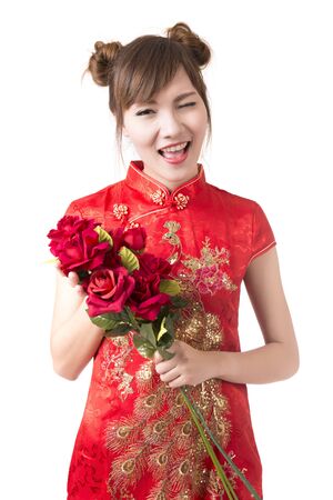 Beautiful woman with a flower on white backgroundの写真素材