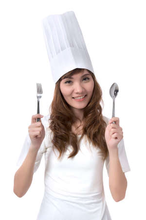 female cook in white uniformの写真素材