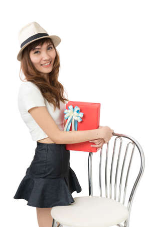 Beautiful woman with a gift boxesの写真素材