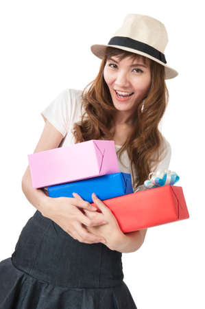 Beautiful woman with a gift boxesの写真素材