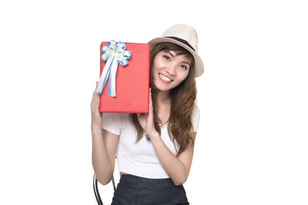 Beautiful woman with a gift boxesの写真素材