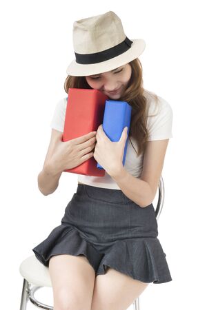 Beautiful woman with a gift boxesの写真素材