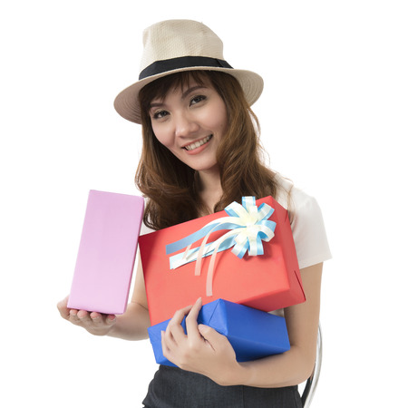 Beautiful woman with a gift boxesの写真素材