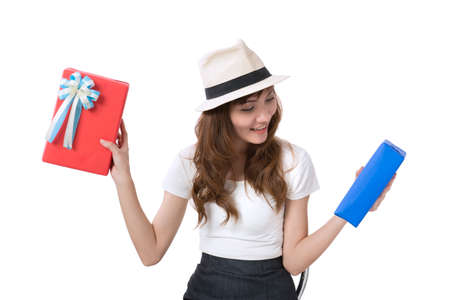 Beautiful woman with a gift boxesの写真素材