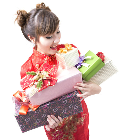 Beautiful woman with a gift boxesの写真素材