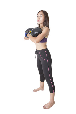 Asian women wearing dresses thai boxing on white backgroundの写真素材