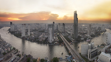 Bangkok skyline with city before sunset