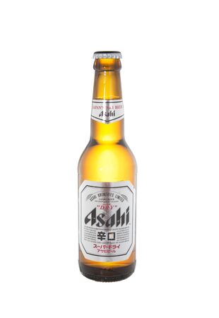 Bangkok, Thailand, September 06, 2015: Bottle of Asahi Beer on A White Backgroundのeditorial素材