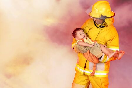 Firefighters helping people and animals from the fire.の写真素材