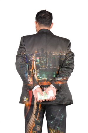 Embezzlement causing damage to the country. Double exposure imageの写真素材
