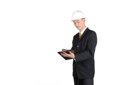 Supervisor are checking production, on white background.の写真素材