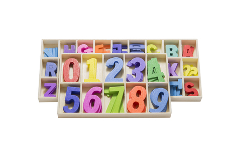 Letters, numbers with beautiful colors made of wood.の写真素材