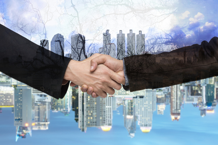 Teamwork for success of the business in the future. Double Exposure imageの写真素材