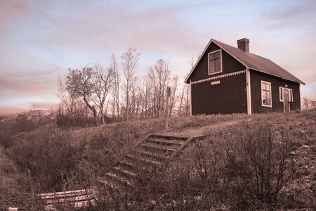 The little cottage in nature in winter, digital art for backgroundの写真素材