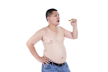 Belly fat people at large from eating behaviors. Junk food. Enjoy eatingの写真素材