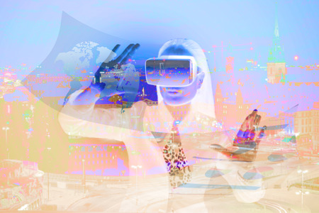 Virtual reality : Businesswoman wearing a three-dimensional glasses working technology of the...