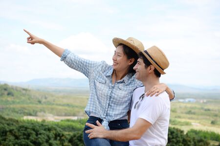 Couples showing love and happy to travel anywhere. Valentine concept.の写真素材