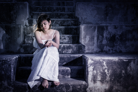 Teenage girls at risk of suicide. Due to family problems, love and hormonal changes.の写真素材