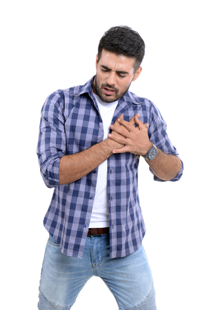 Handsome man with different expressions on a white background.の写真素材