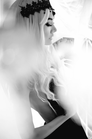 Sexy woman in flirty dress with different angles. black and white pictureの写真素材