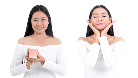Beautiful women with skin care products. Images before and after the experiment.の写真素材