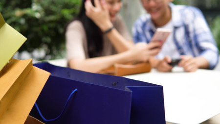 Couples are happy to talk and shopping.の写真素材