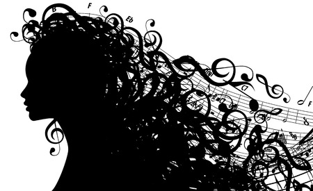 Silhouette of Female Head with Musical Symbols  のイラスト素材