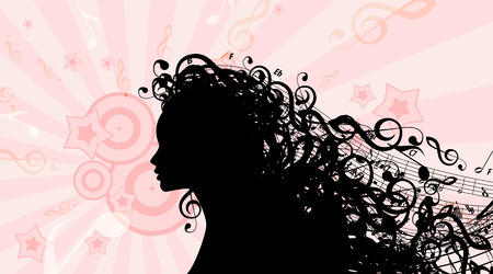 Silhouette of Woman head with Music Hair. Vector Illustrationのイラスト素材