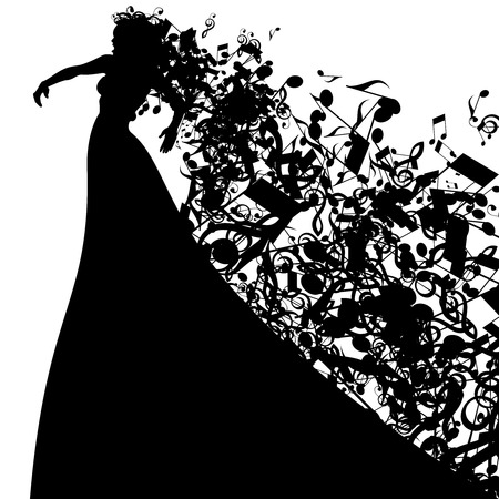 Silhouette of Opera Singer with Hair Like Musical Notes. Vector Illustration. Opera Singer Silhouette on White Background.のイラスト素材