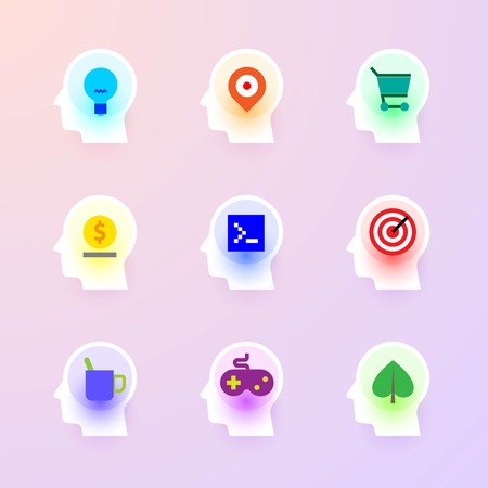 Modern vector flat icons collection of idea, maps, shopping, bank, programming, targeting, break, game, ecology at icon of human head brain. Backlit icons pure styleのイラスト素材