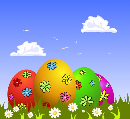 Colorful Easter eggs on grassのイラスト素材