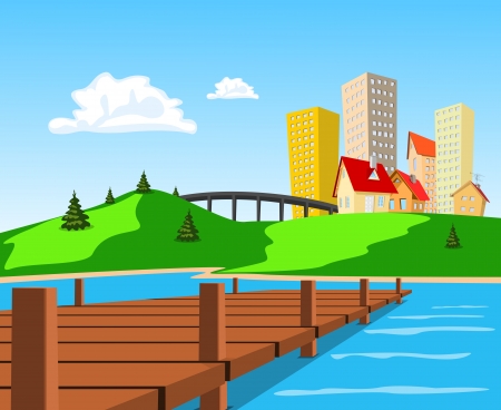 Daytime view of the city across the lakeのイラスト素材