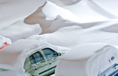 Night snow calamity in a city streetsの写真素材