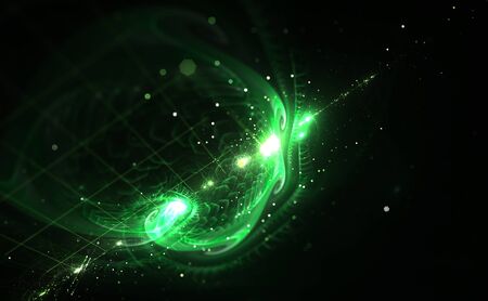 Digitally generated image of green light and abstract shapes over black background