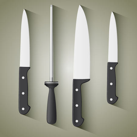 Set of steel kitchen knives. Includes carving, paring, and utility knives.のイラスト素材
