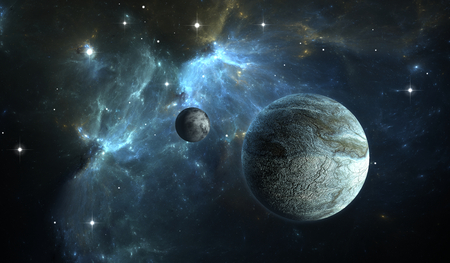 Extrasolar planet. Stone Planet with moon on background nebula.