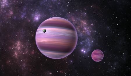 Extrasolar planet. Gas extrasolar planet with moon on background nebula, illustration