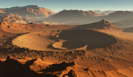 Sunset on Mars. Martian landscape, impact craters on Mars. 3D illustrationの写真素材