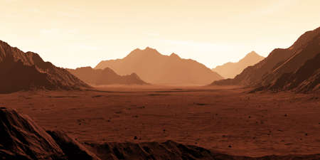 Mars the red planet. Martian landscape and dust in the atmosphere. 3D illustrationの写真素材